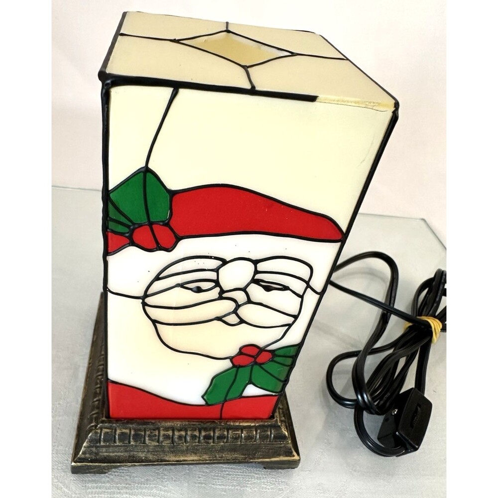 Christmas Stained Glass Santa Light Lamp Vintage Holiday Decor 7.5” Electric